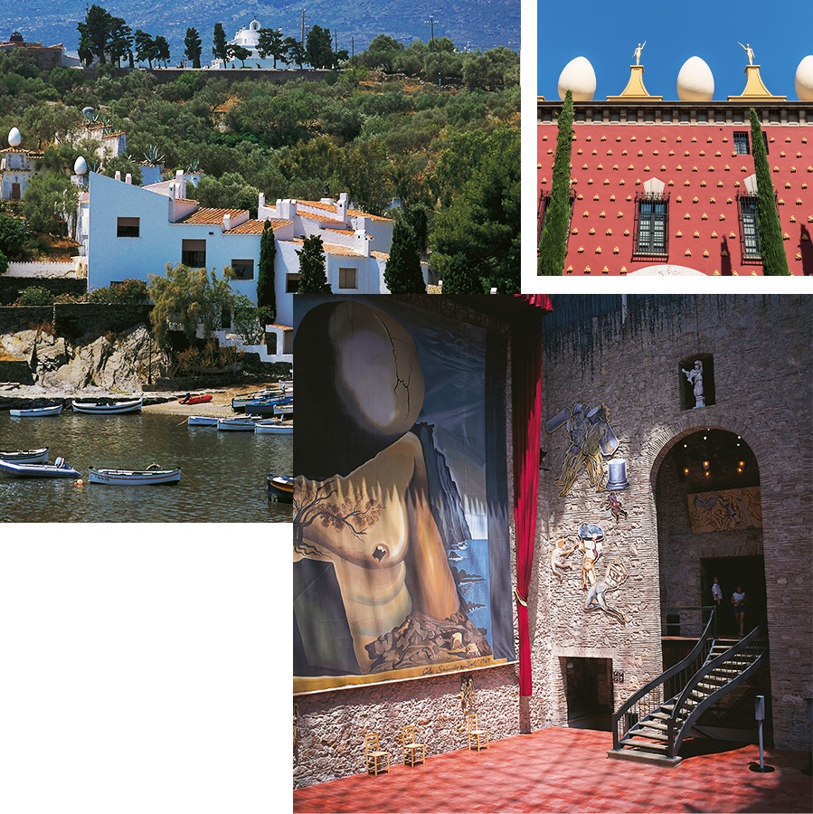 Composition of images of Dalí, Portlligat and the Dalí Museum in Figueres, Catalonia.