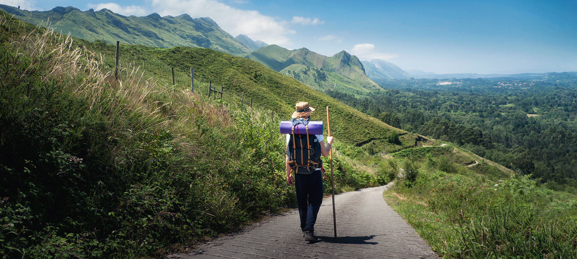 Pilgrim walking among mountains