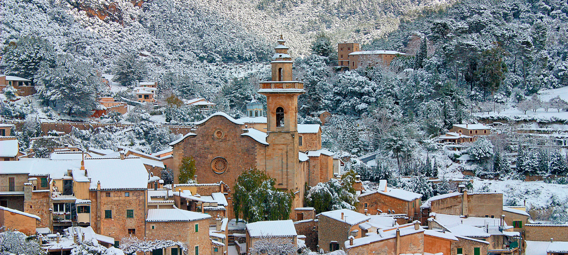 View of Valldemossa covered in snow in Mallorca, Balearic Islands