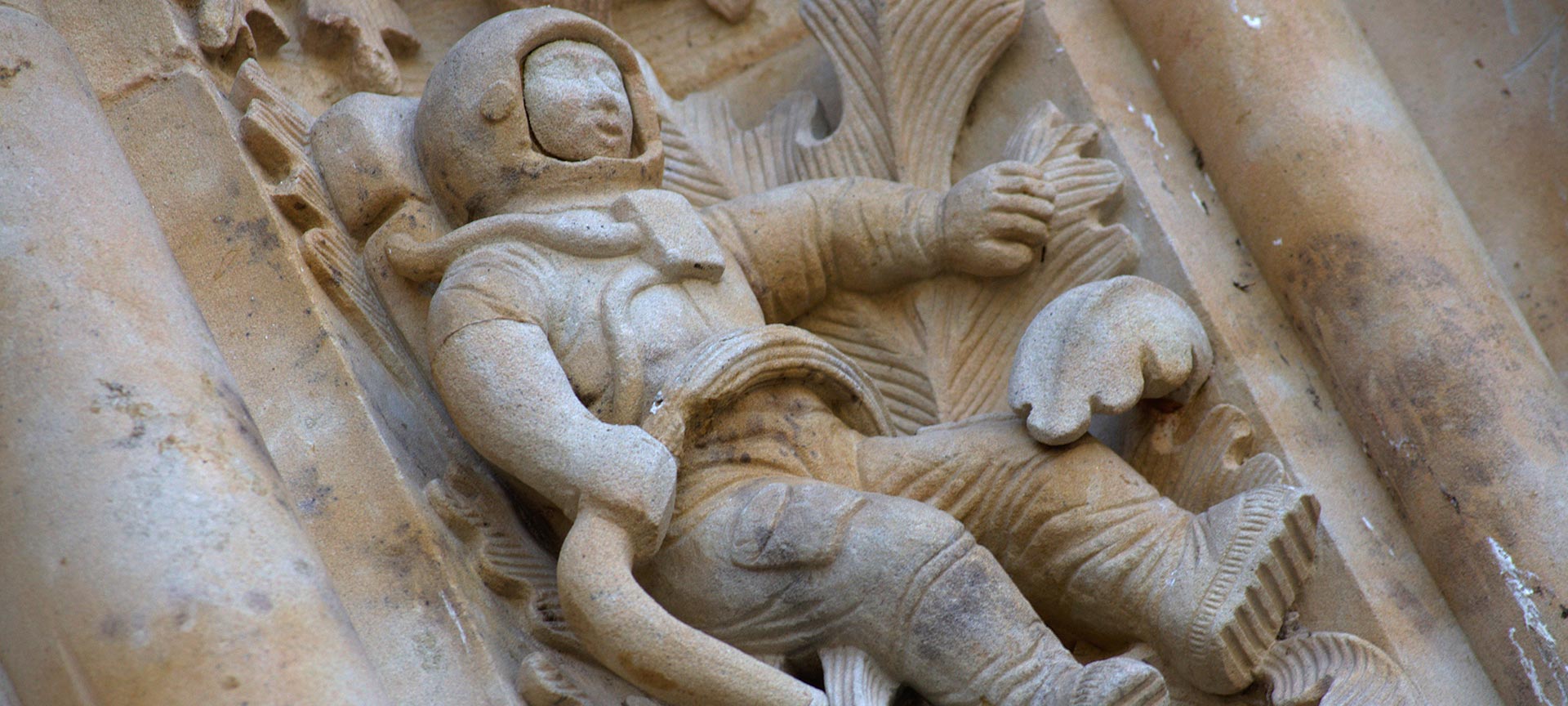 Detail of an astronaut on the façade of Salamanca cathedral included in the 1992 restoration Detail of an astronaut on the façade of Salamanca cathedral included in the 1992 restoration
