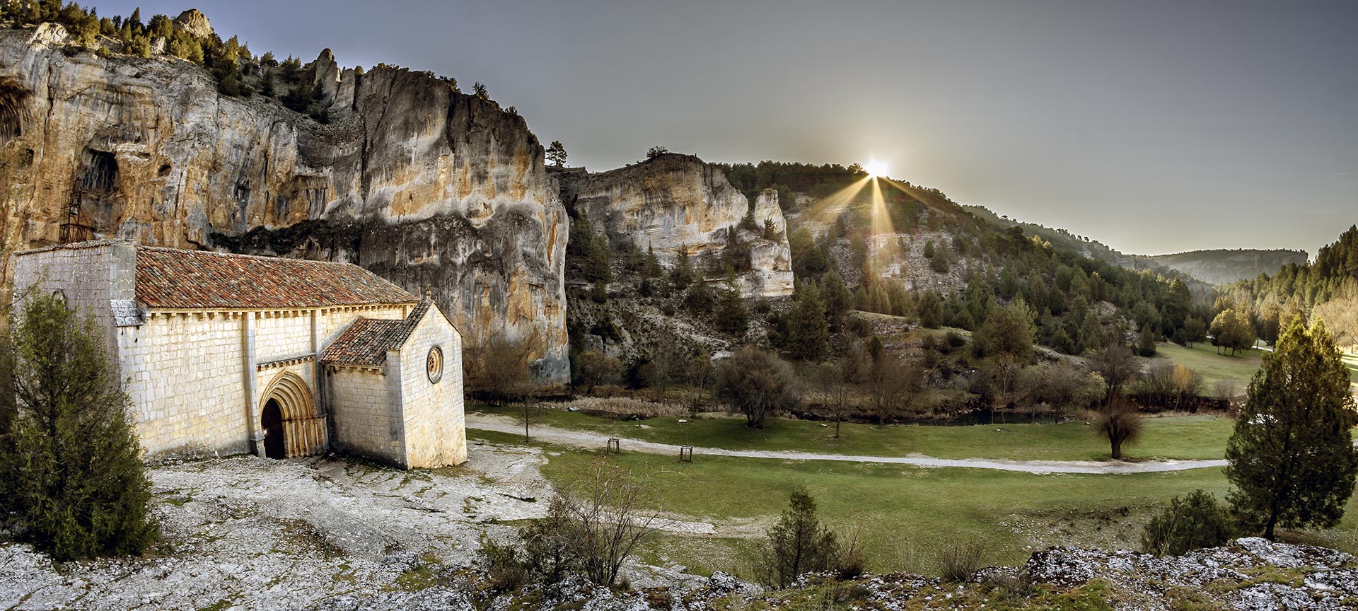 San Bartolomé Hermitage and the landscape of the Cañón del Río Lobos nature Park. Soria