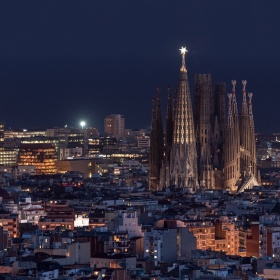 Night view of the Sagrada Familia and the Glòries Tower in Barcelona, Catalonia