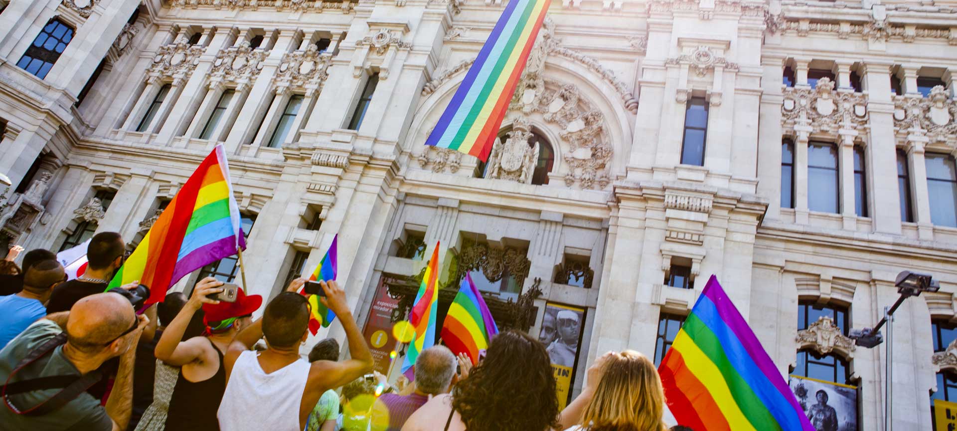 Madrid Town Hall adorned with LGBTQI+ pride flags 