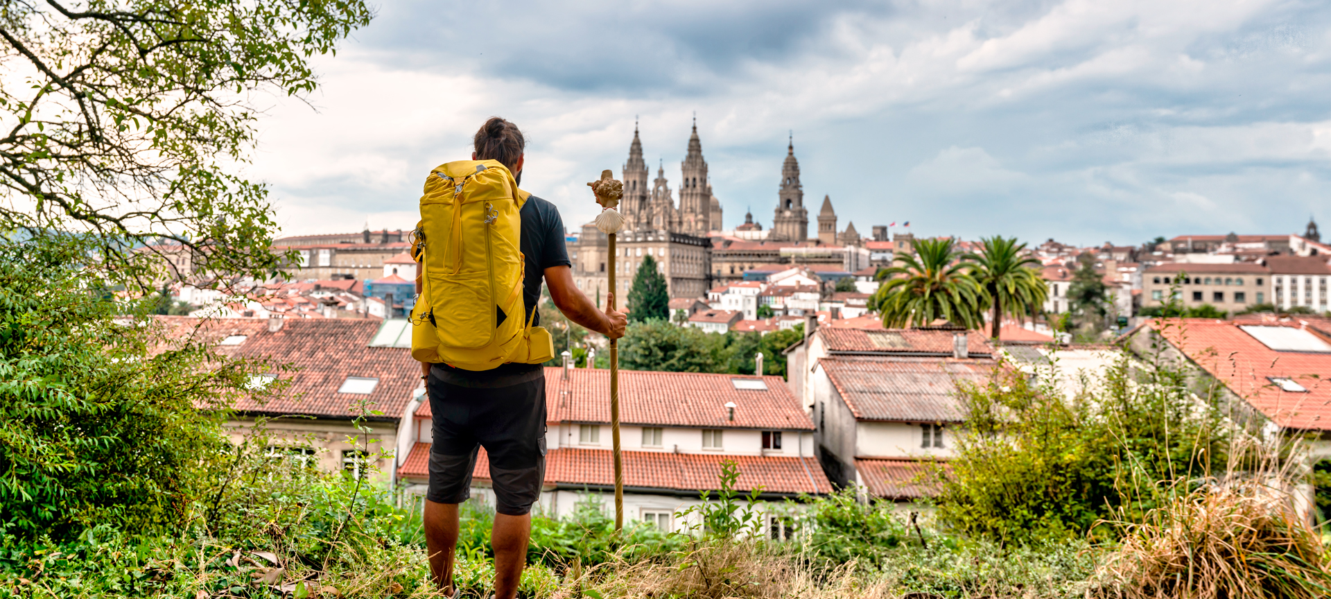 Pellegrino mentre contempla la facciata della Cattedrale di Santiago de Compostela, A Coruña, Galizia Pellegrino mentre contempla la facciata della Cattedrale di Santiago de Compostela, A Coruña, Galizia
