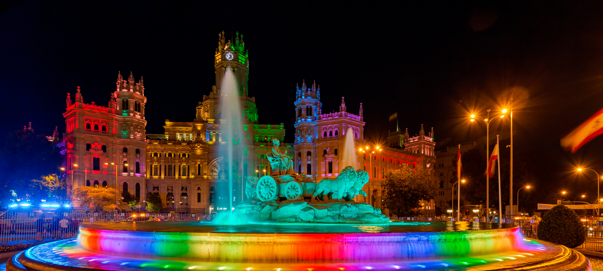 Plaza Cibeles lit up for Madrid Pride (MADO), region of Madrid