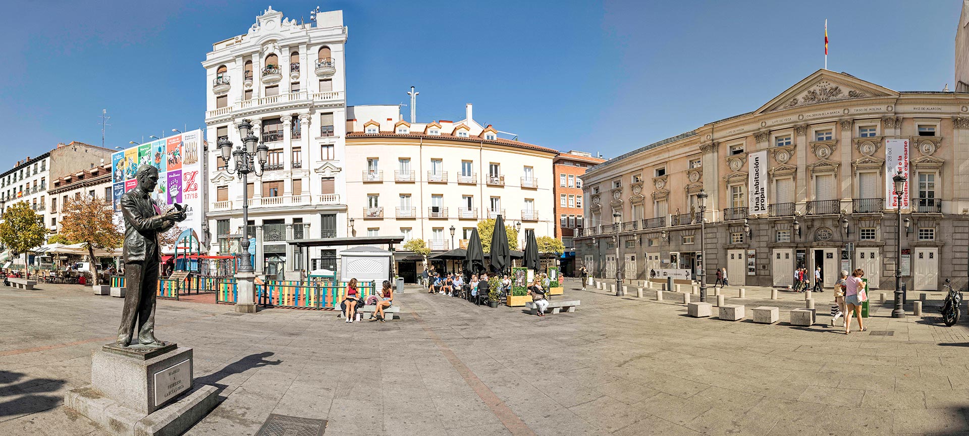 Statue of Lorca and Spanish Theatre in Plaza de Santa Ana square. Las Letras district. Madrid