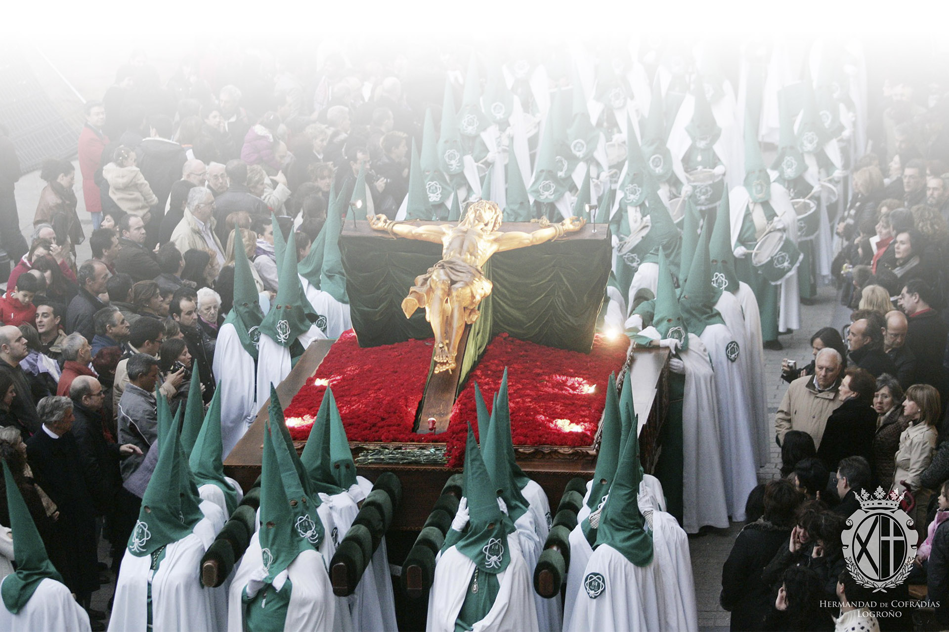 The lay brothers of the Cofradía de las Siete Palabras with the Cristo Yacente figure during Easter Week in Logroño (La Rioja)