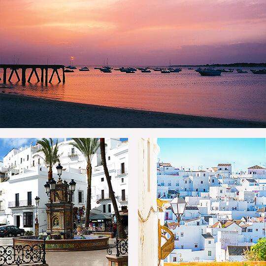 Sopra: Sanlúcar de Barrameda, Cadice. Sotto a sinistra: Fontana di Vejer de la Frontera. Sotto a destra: Veduta generale di Vejer de la Frontera (©Rafa G.Bonilla)