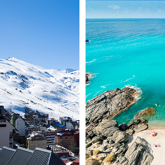 A destra: Spiaggia ad Almuñecar. Sinistra: Veduta aerea di Pradollano nel Parco Nazionale della Sierra Nevada