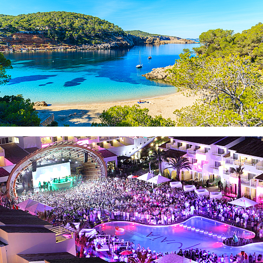 Above: Crystal clear water in Cala Salada / Below: Ushuaïa Ibiza Beach Hotel in Ibiza