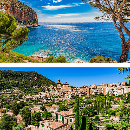Above: Costa de Canyamel / Below: Views of Valldemossa village in Mallorca