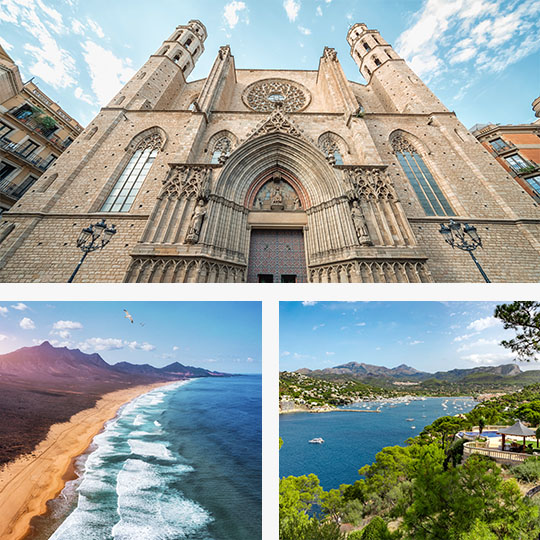 Above: Basilica of Santa Maria del Mar in Barcelona, Catalonia / Bottom left: Cofete Beach in Fuerteventura, Canary Islands / Bottom right: Port Andratx in Mallorca, Balearic Islands