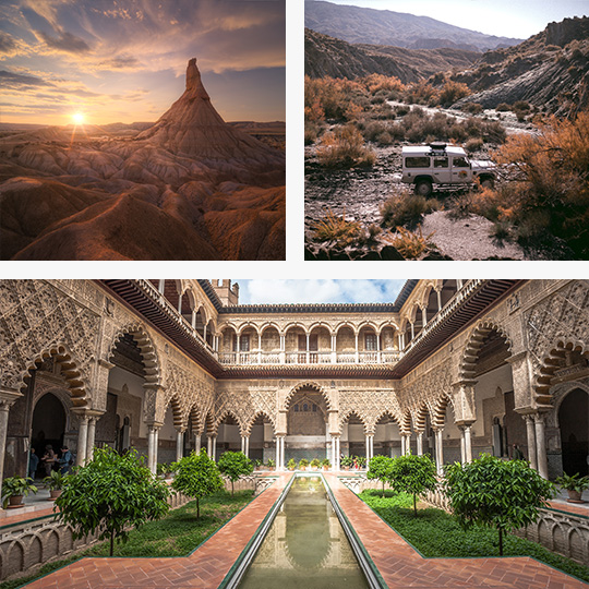 Top left: Bardenas desert in Aragón / Top right: Tabernas desert in Andalusia / Bottom: Royal Alcazar of Seville, Andalusia