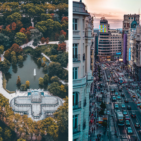 Left: Retiro Park / Right: Gran Vía in Madrid