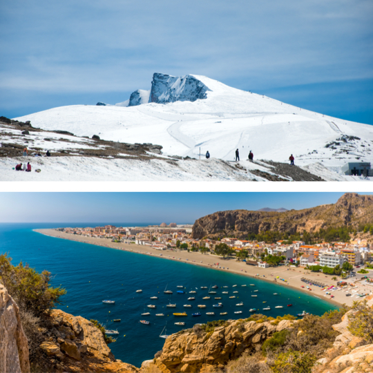 Above: Mount Veleta in the Sierra Nevada, Granada / Below: Calahonda beach, Motril, Granada