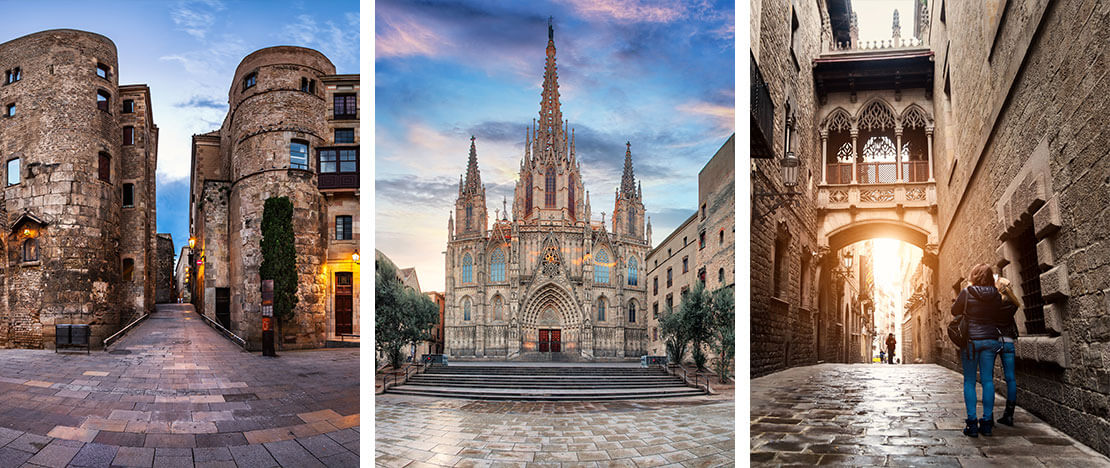 Links: Eingang zum Gotischen Viertel / Mitte: Kathedrale von Barcelona / Rechts: Bisbe-Brücke in Barcelona, Katalonien