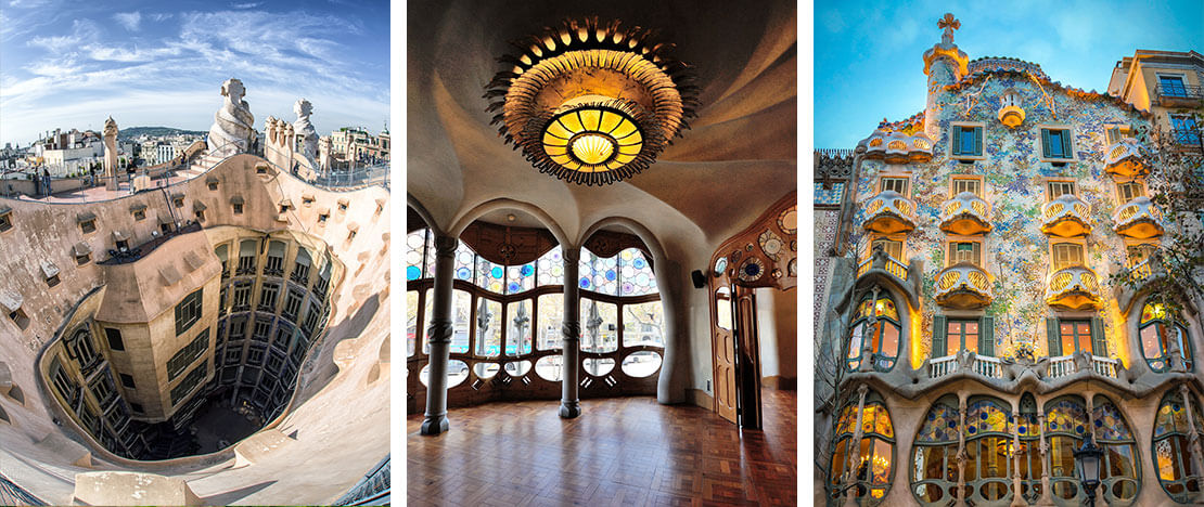 Links: Casa Milà © Jaroslav Moravcik / Mitte: Inneres der Casa Batlló © Montipaiton / Rechts: Casa Batlló in Barcelona, Katalonien © Alan Tan