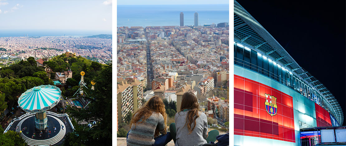 Links: Aussicht vom Tibidabo / Mitte: Blick auf Barcelona von den Bunkern des Carmel aus / Rechts: Außenansichten des Camp Nou in Barcelona, Katalonien