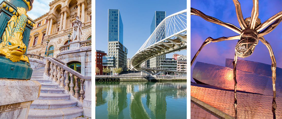 Left: City Hall / Centre: Zubizuri Bridge / Right: Guggenheim Museum in Bilbao, Basque Country Left: City Hall / Centre: Zubizuri Bridge / Right: Guggenheim Museum in Bilbao, Basque Country