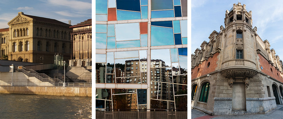 Left: Deusto University / Centre: Euskalduna Palace / Right: Alhondiga in Bilbao, Basque Country Left: Deusto University / Centre: Euskalduna Palace / Right: Alhondiga in Bilbao, Basque Country