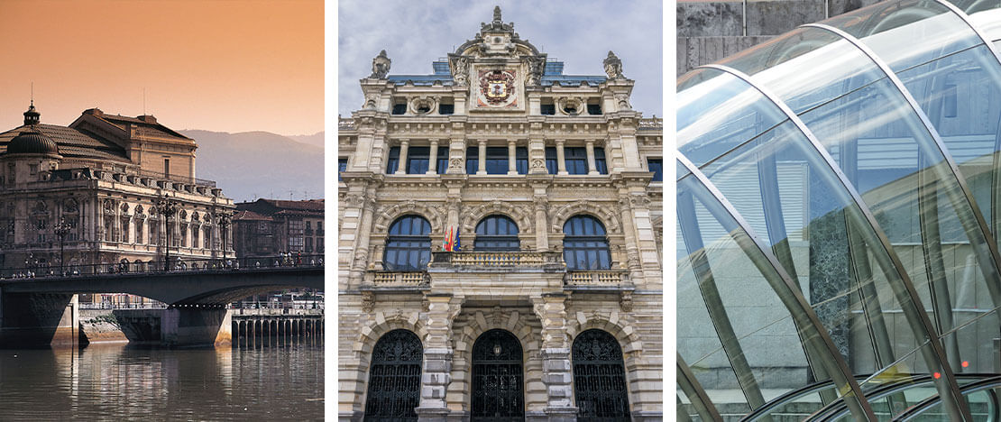 Left: Arriaga Theatre / Centre: Regional Government Building / Right: Entrance to the “fosteritos” metro in Bilbao, Basque Country Left: Arriaga Theatre / Centre: Regional Government Building / Right: Entrance to the “fosteritos” metro in Bilbao, Basque Country