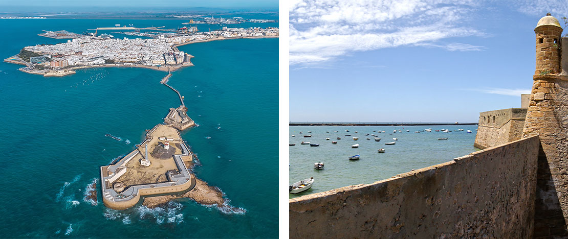  Po lewej: Widok z lotu ptaka na Kadyks i zamek San Sebastián / Po prawej: Zamek Santa Catalina w Kadyksie, Andaluzja