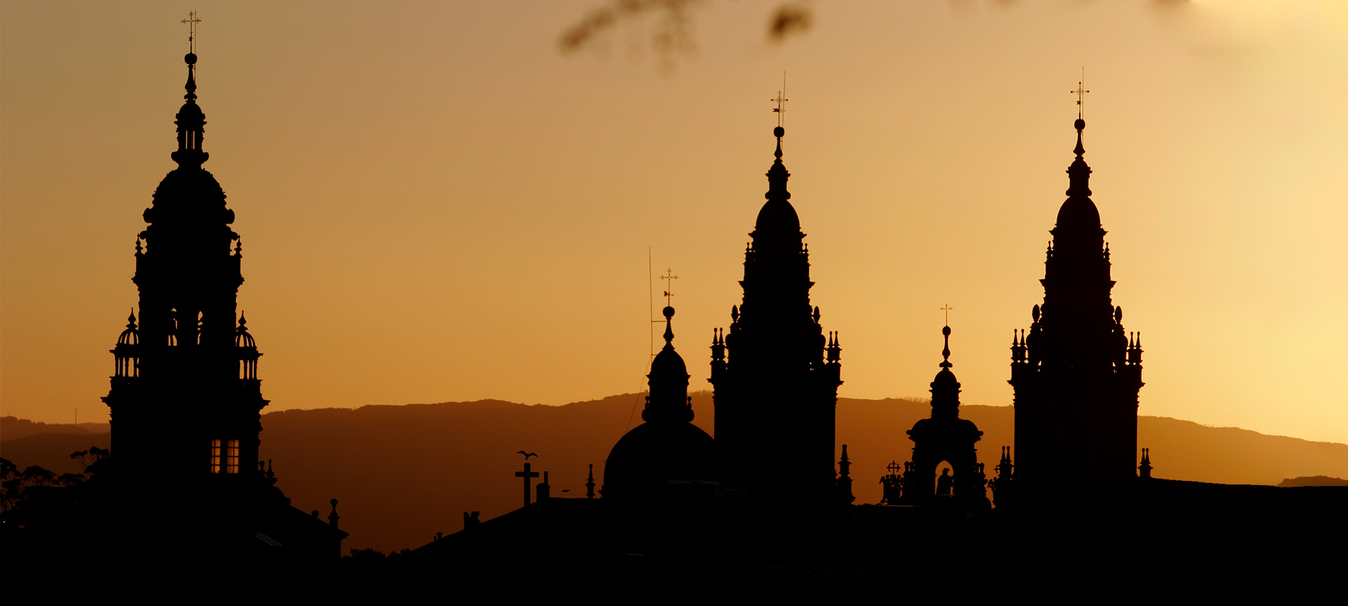 Towers of Santiago de Compostela cathedral at dusk