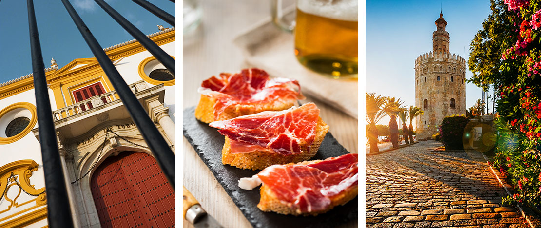 Left: La Maestranza bullring / Centre: Iberian ham tapas dish / Right: Torre del Oro in Seville, Andalusia Left: La Maestranza bullring / Centre: Iberian ham tapas dish / Right: Torre del Oro in Seville, Andalusia