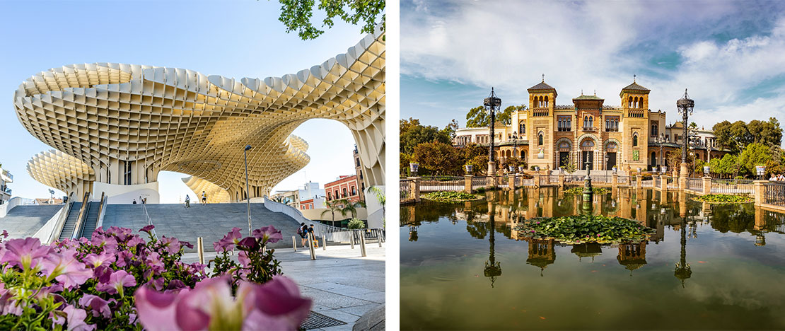Left: Setas de Sevilla, Metropol Parasol / Right: María Luisa Park in Seville, Andalusia Left: Setas de Sevilla, Metropol Parasol / Right: María Luisa Park in Seville, Andalusia