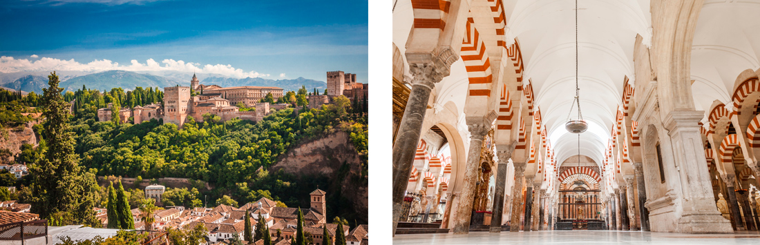 Die Alhambra in Granada und Innenansicht der Moschee-Kathedrale in Córdoba