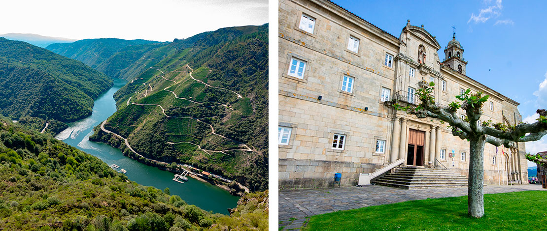 Esquerda: Mirante de As Penas de Matacás. Direita: Mosteiro de San Vicente do Pino em Monforte de Lemos