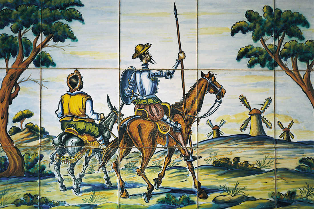 Painted tile depicting an illustration of Don Quixote in Ciudad Real