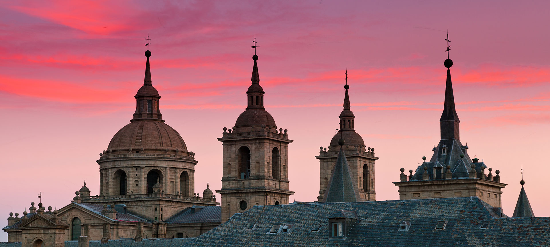 Views of the roof tiles of El Escorial Monastery at sunset in San Lorenzo de El Escorial, Madrid