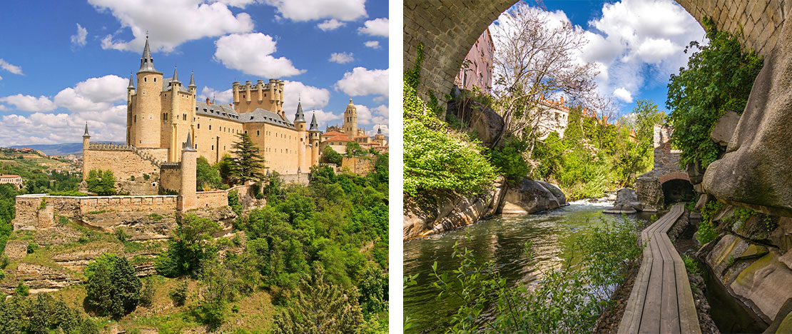 Sinistra: Veduta dell’Alcázar / Destra: Anello verde a Segovia, Castiglia e León Sinistra: Veduta dell’Alcázar / Destra: Anello verde a Segovia, Castiglia e León