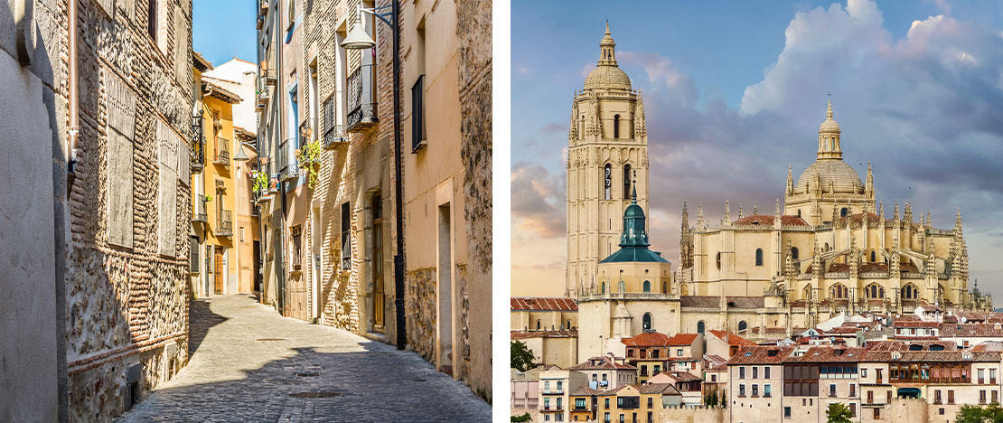 Sinistra: Quartiere ebraico / Destra: Cattedrale di Segovia, Castiglia e León Sinistra: Quartiere ebraico / Destra: Cattedrale di Segovia, Castiglia e León
