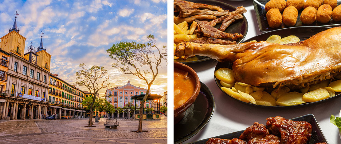 Sinistra: Plaza Mayor / Destra: Piatto di cochinillo e altre tapas a Segovia, Castiglia e León Sinistra: Plaza Mayor / Destra: Piatto di cochinillo e altre tapas a Segovia, Castiglia e León