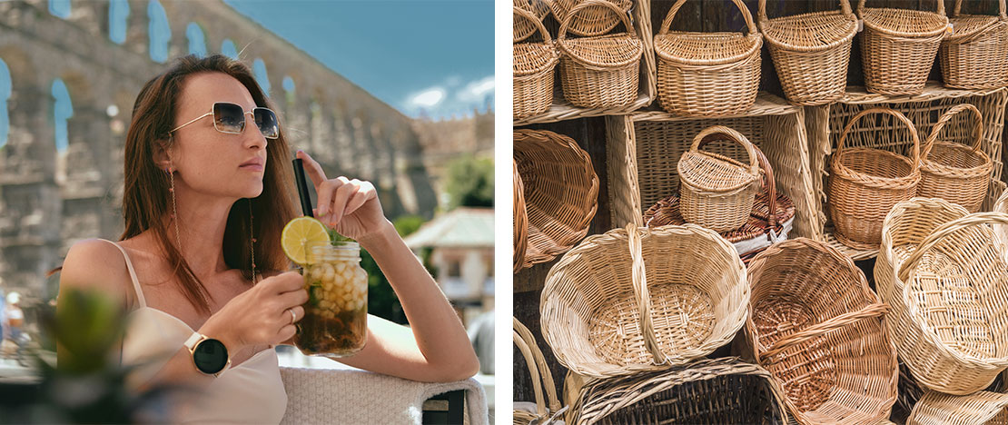 Sinistra: Turista mentre si gode un cocktail nei pressi dell’Acquedotto di Segovia / Destra: Negozio di oggetti in vimini a Segovia, Castiglia e León Sinistra: Turista mentre si gode un cocktail nei pressi dell’Acquedotto di Segovia / Destra: Negozio di oggetti in vimini a Segovia, Castiglia e León