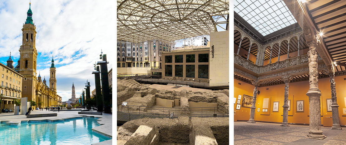 Left: Plaza del Pilar / Centre: Caesaraugusta Theatre Museum © Hydra Viridis / Derecha: Patio de la Infanta in Zaragoza, Aragón © Renata Sedmakova Left: Plaza del Pilar / Centre: Caesaraugusta Theatre Museum © Hydra Viridis / Derecha: Patio de la Infanta in Zaragoza, Aragón © Renata Sedmakova