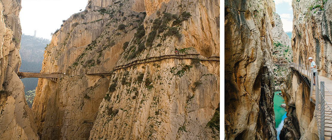 Plusieurs photos du parcours du Caminito del Rey à Malaga, en Andalousie © À gauche : Conseil provincial de Malaga / À droite : Pedro Giráldez