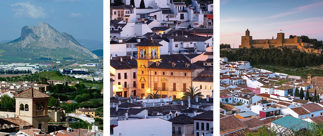 Sinistra: Veduta della Peña de los Enamorados da Antequera a Málaga, Andalusia / Centro: Particolare del centro storico di Antequera a Malaga, Andalusia / Destra: Viste dell'Alcazaba de Antequera a Malaga, in Andalusia Sinistra: Veduta della Peña de los Enamorados da Antequera a Málaga, Andalusia / Centro: Particolare del centro storico di Antequera a Malaga, Andalusia / Destra: Viste dell'Alcazaba de Antequera a Malaga, in Andalusia