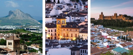 Sinistra: Veduta della Peña de los Enamorados da Antequera a Málaga, Andalusia / Centro: Particolare del centro storico di Antequera a Malaga, Andalusia / Destra: Viste dell'Alcazaba de Antequera a Malaga, in Andalusia Sinistra: Veduta della Peña de los Enamorados da Antequera a Málaga, Andalusia / Centro: Particolare del centro storico di Antequera a Malaga, Andalusia / Destra: Viste dell'Alcazaba de Antequera a Malaga, in Andalusia