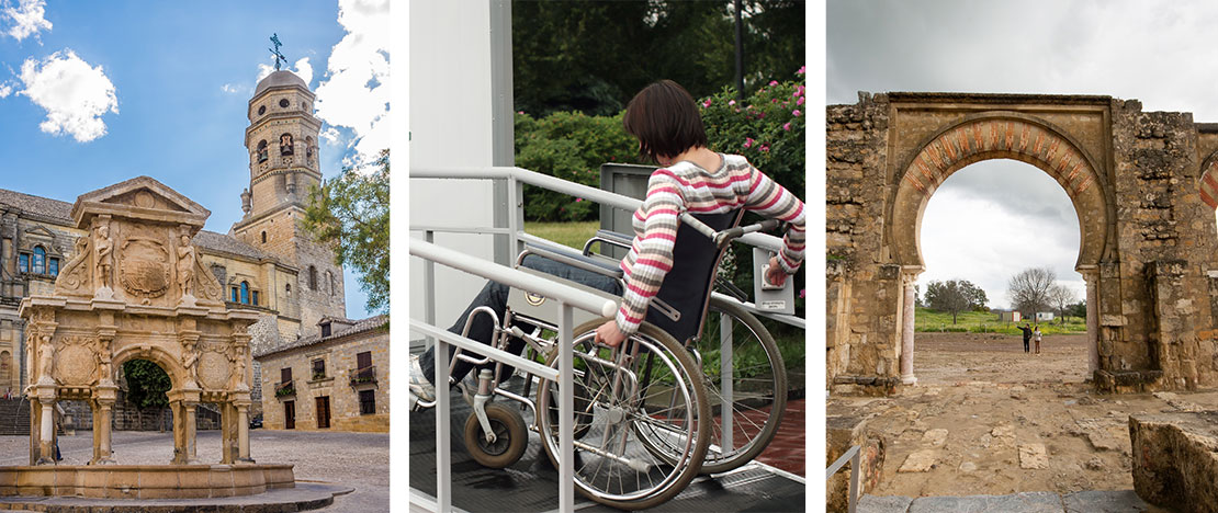 Left: Plaza de Santa María in Baeza, Jaén, Andalusia / Centre: Use of wheelchair ramp / Right: Detail of the archaeological site of Medina Azahara in Córdoba, Andalusia (© Piet Theisohn). Left: Plaza de Santa María in Baeza, Jaén, Andalusia / Centre: Use of wheelchair ramp / Right: Detail of the archaeological site of Medina Azahara in Córdoba, Andalusia (© Piet Theisohn).