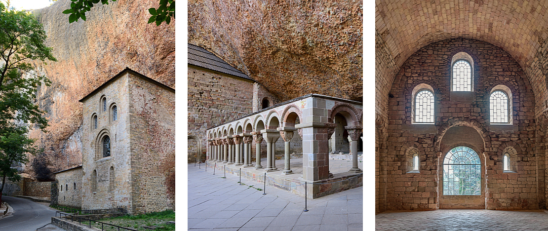 Links: Ansicht des Klosters / Zentrums: Kreuzgang aus dem 12. Jahrhundert / Rechts: Detail der Fenster in der Oberkirche des Klosters San Juan de la Peña in Huesca, Aragonien.