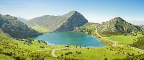 View of Lake Enol in the Picos de Europa National Park, Asturias View of Lake Enol in the Picos de Europa National Park, Asturias