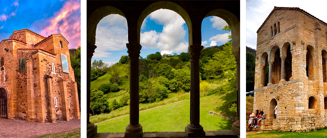 Przedromańskie ikony Asturii: kościół San Miguel de Lillo, fragment Santa María del Naranco i kościół Santa María del Naranco Przedromańskie ikony Asturii: kościół San Miguel de Lillo, fragment Santa María del Naranco i kościół Santa María del Naranco