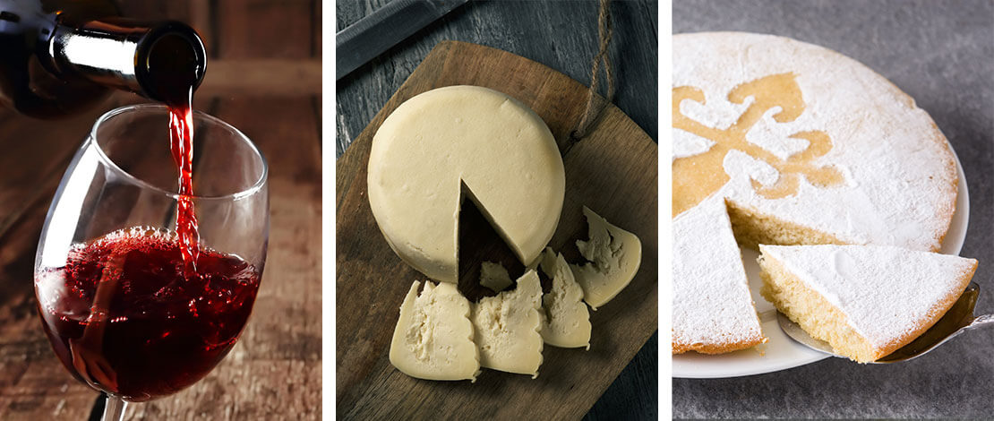Typische Produkte, die sich entlang des Jakobswegs finden lassen. Links: Ein Glas Rotwein / Mitte: Käse mit der Herkunftsbezeichnung Arzua-Ulloa / Rechts: Tarta de Santiago Typische Produkte, die sich entlang des Jakobswegs finden lassen. Links: Ein Glas Rotwein / Mitte: Käse mit der Herkunftsbezeichnung Arzua-Ulloa / Rechts: Tarta de Santiago