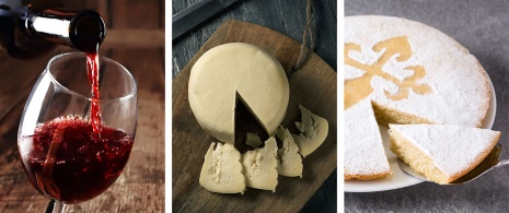 Typische Produkte, die sich entlang des Jakobswegs finden lassen. Links: Ein Glas Rotwein / Mitte: Käse mit der Herkunftsbezeichnung Arzua-Ulloa / Rechts: Tarta de Santiago Typische Produkte, die sich entlang des Jakobswegs finden lassen. Links: Ein Glas Rotwein / Mitte: Käse mit der Herkunftsbezeichnung Arzua-Ulloa / Rechts: Tarta de Santiago