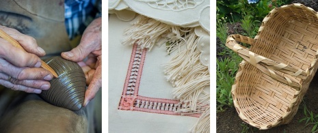 À gauche : Un potier au travail / Au centre : Broderies / À droite : Vannerie traditionnelle de La Palma, îles Canaries À gauche : Un potier au travail / Au centre : Broderies / À droite : Vannerie traditionnelle de La Palma, îles Canaries
