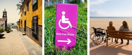 Left: Accessible street in San Cristóbal de La Laguna (© Turismo Tenerife) / Centre: Accessible signage indicating route without steps (© Yomex Owo) / Right: Accessible tourism in beach areas. Left: Accessible street in San Cristóbal de La Laguna (© Turismo Tenerife) / Centre: Accessible signage indicating route without steps (© Yomex Owo) / Right: Accessible tourism in beach areas.