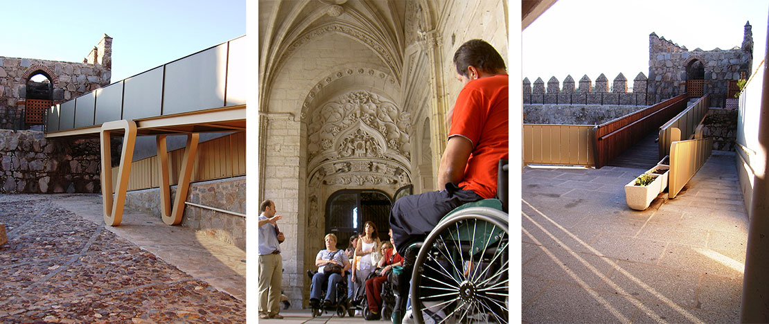 Left: Accessible section of Ávila City Wall (© Ayto. de Ávila)/Centre: Adapted visit in Segovia (© Ayto. de Segovia)/ Right: Detail of the ramped access to the Ávila City Wall (© Ayto. de Ávila). Left: Accessible section of Ávila City Wall (© Ayto. de Ávila)/Centre: Adapted visit in Segovia (© Ayto. de Segovia)/ Right: Detail of the ramped access to the Ávila City Wall (© Ayto. de Ávila).
